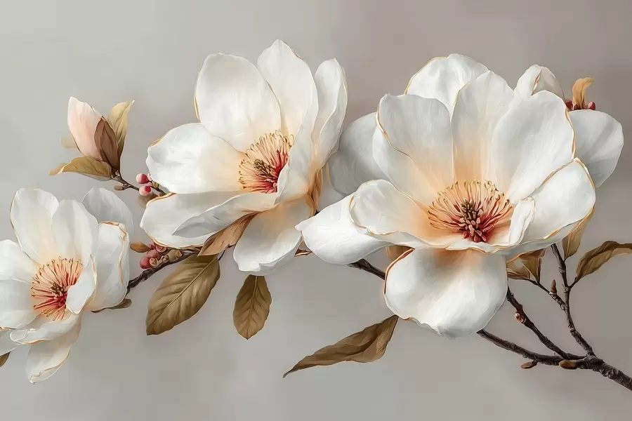 Carta da parati Floreale Fiori delicati su un ramo in tonalità pastello con centro arancione n. w09299