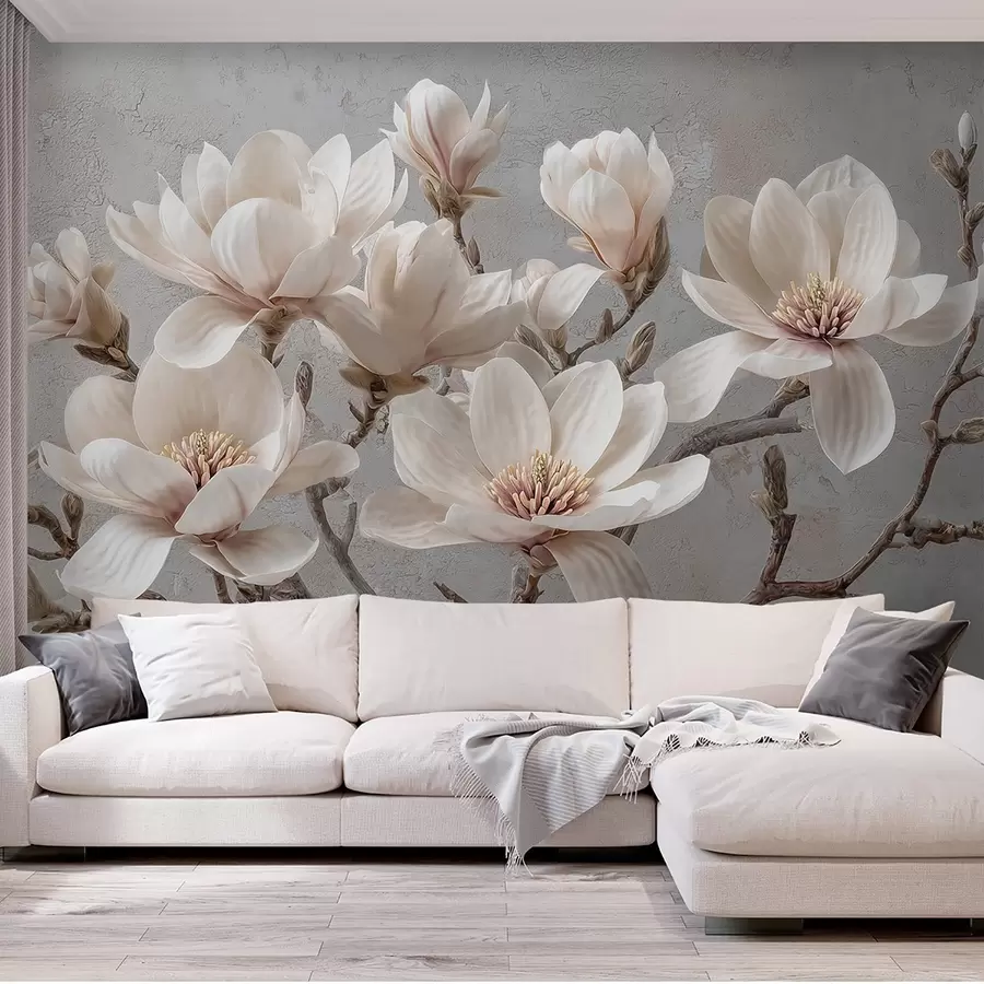 Carta da parati Floreale Rami di magnolia con grandi fiori chiari dai toni tenui n. w09305