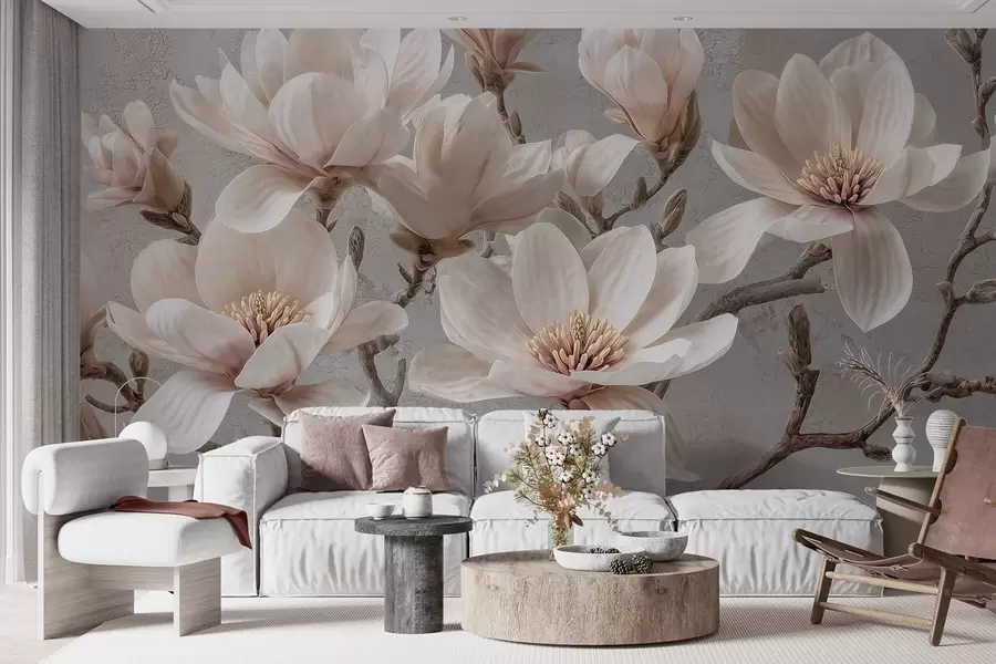 Carta da parati Floreale Rami di magnolia con grandi fiori chiari dai toni tenui n. w09305