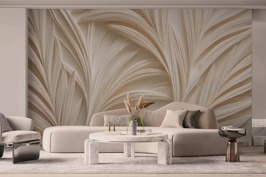 Carta da parati Foglie 3D Foglie decorative beige in stile 3D