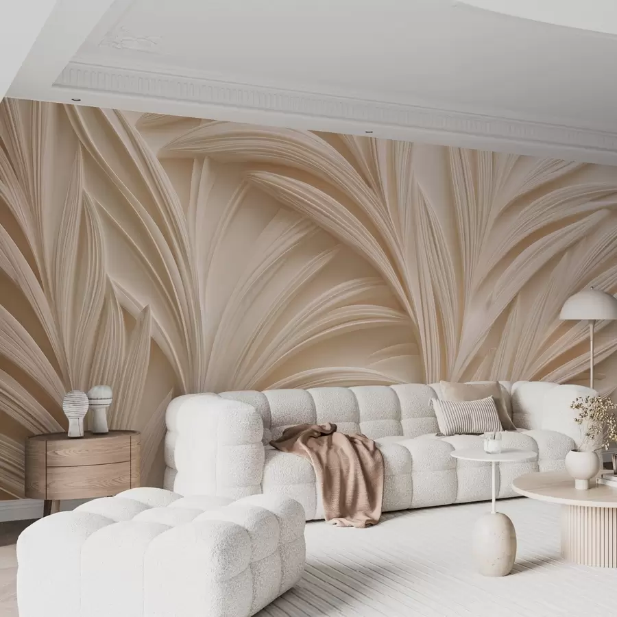 Carta da parati Foglie 3D Foglie decorative beige in stile 3D