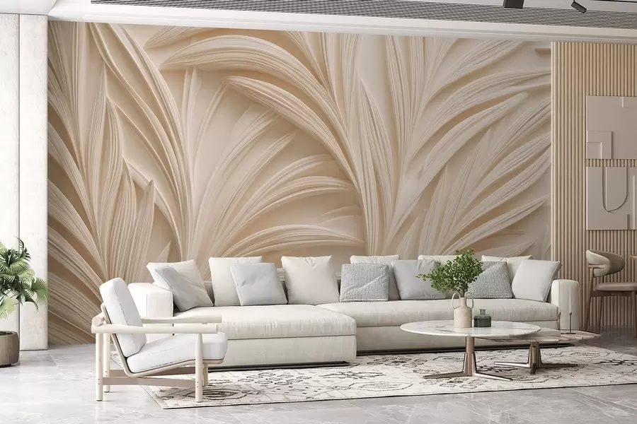 Carta da parati Foglie 3D Foglie decorative beige in stile 3D