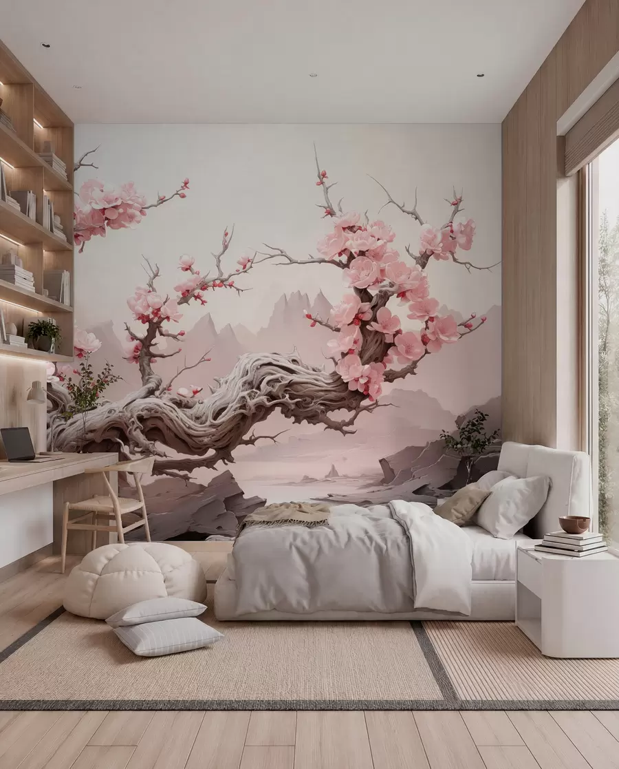 carta da parati Tronco d'albero contorto con sakura rosa in fiore nr. w09388