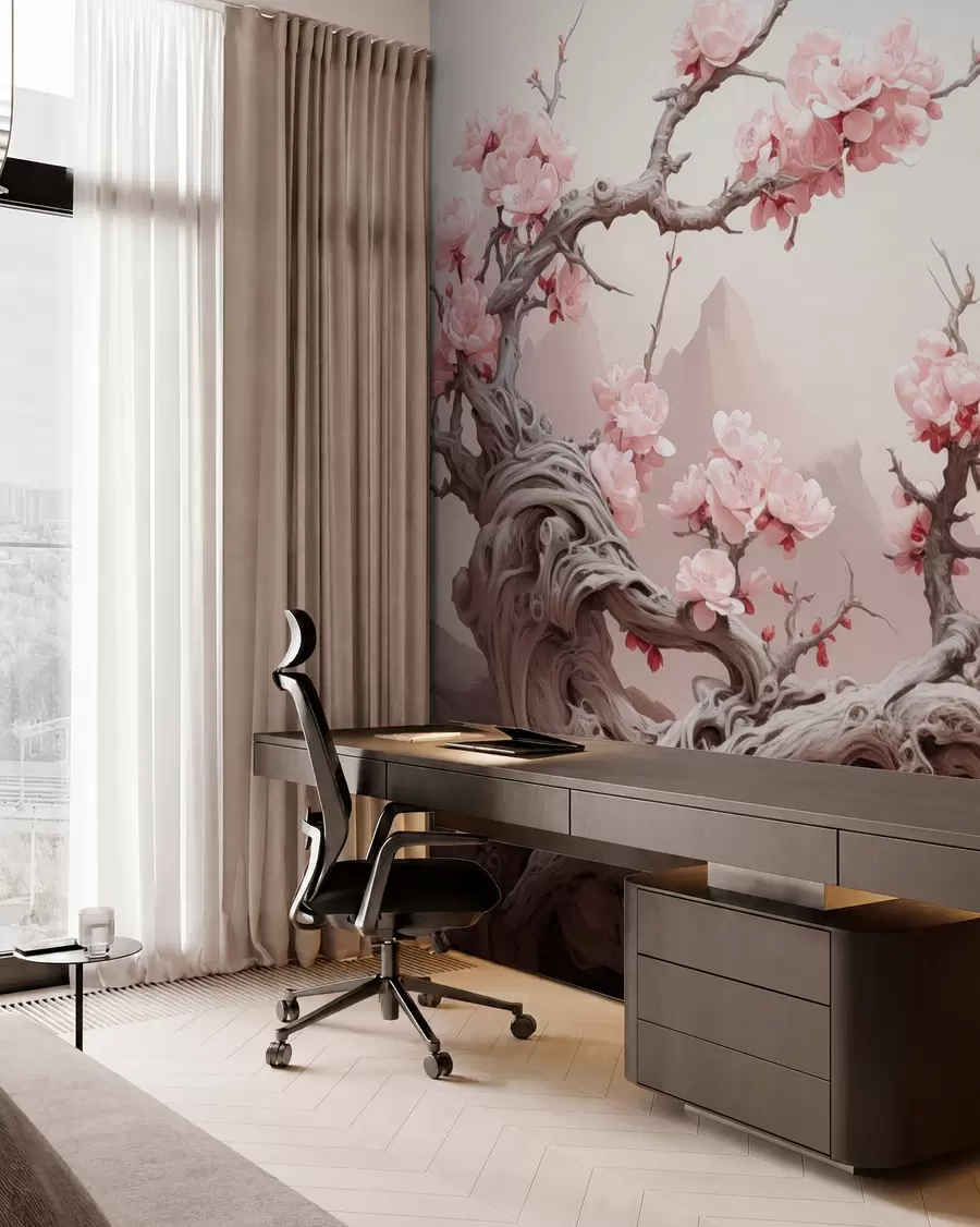 carta da parati Tronco d'albero contorto con sakura rosa in fiore nr. w09388