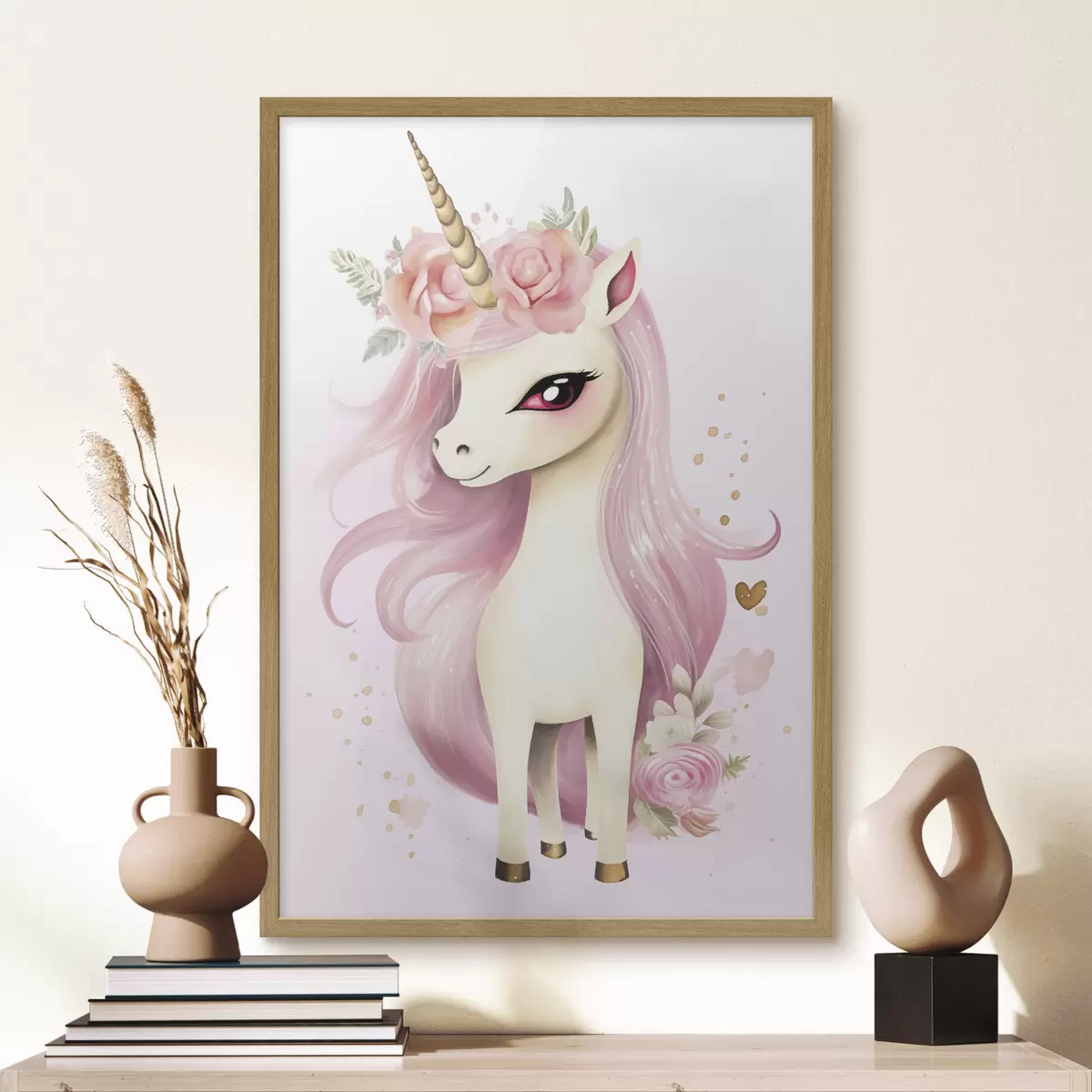 Poster Unicorno con criniera rosa e ghirlanda floreale f45484