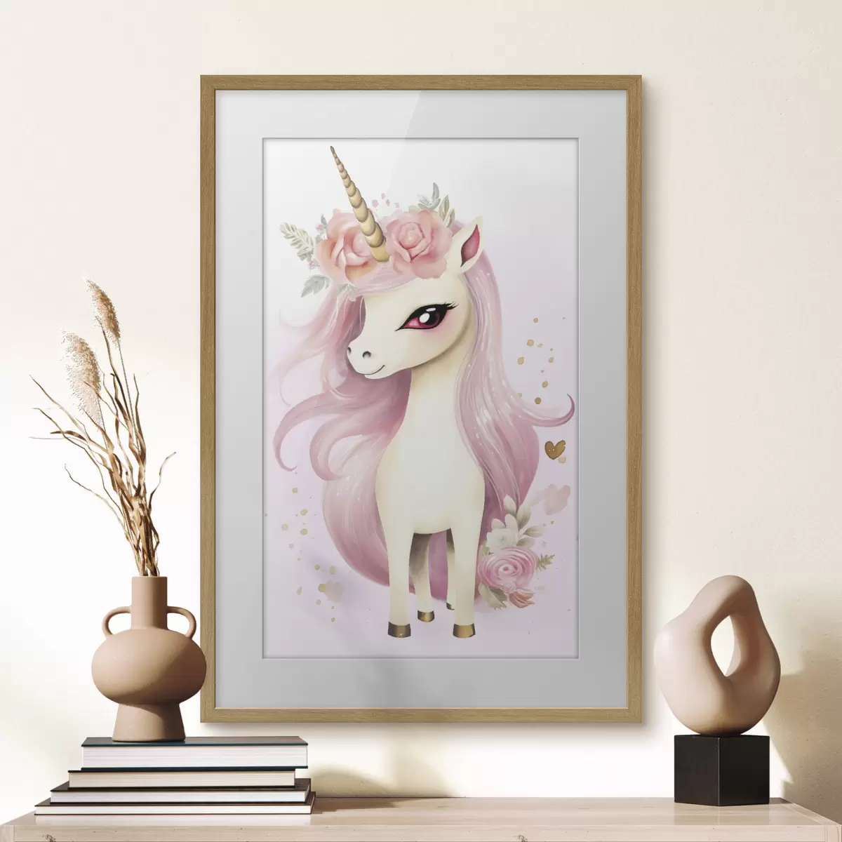 Poster Unicorno con criniera rosa e ghirlanda floreale f45484