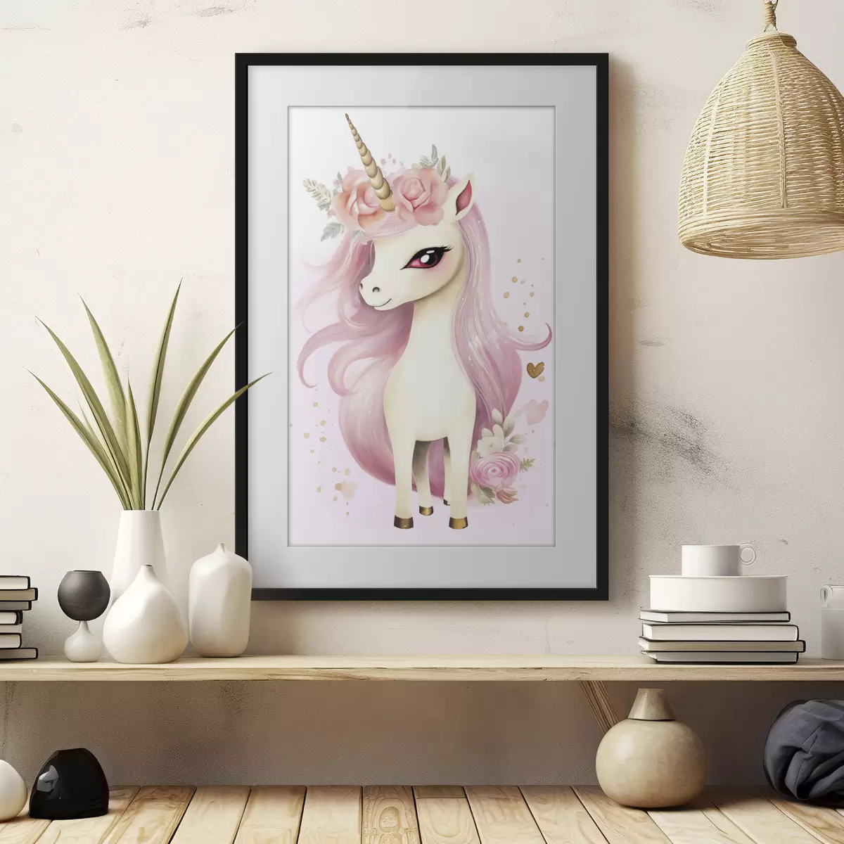 Poster Unicorno con criniera rosa e ghirlanda floreale f45484