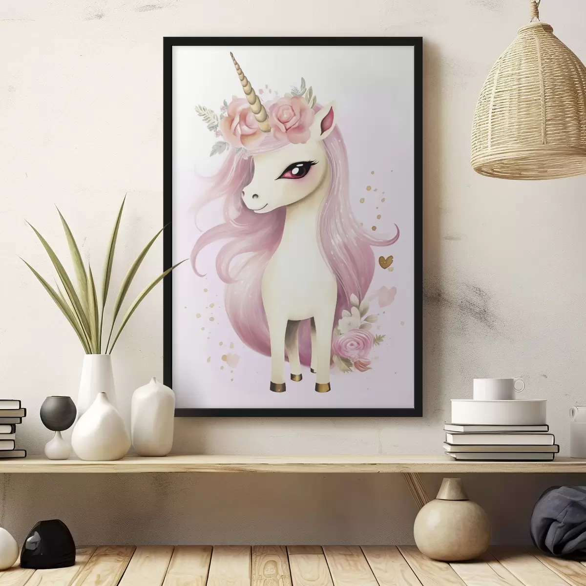 Poster Unicorno con criniera rosa e ghirlanda floreale f45484