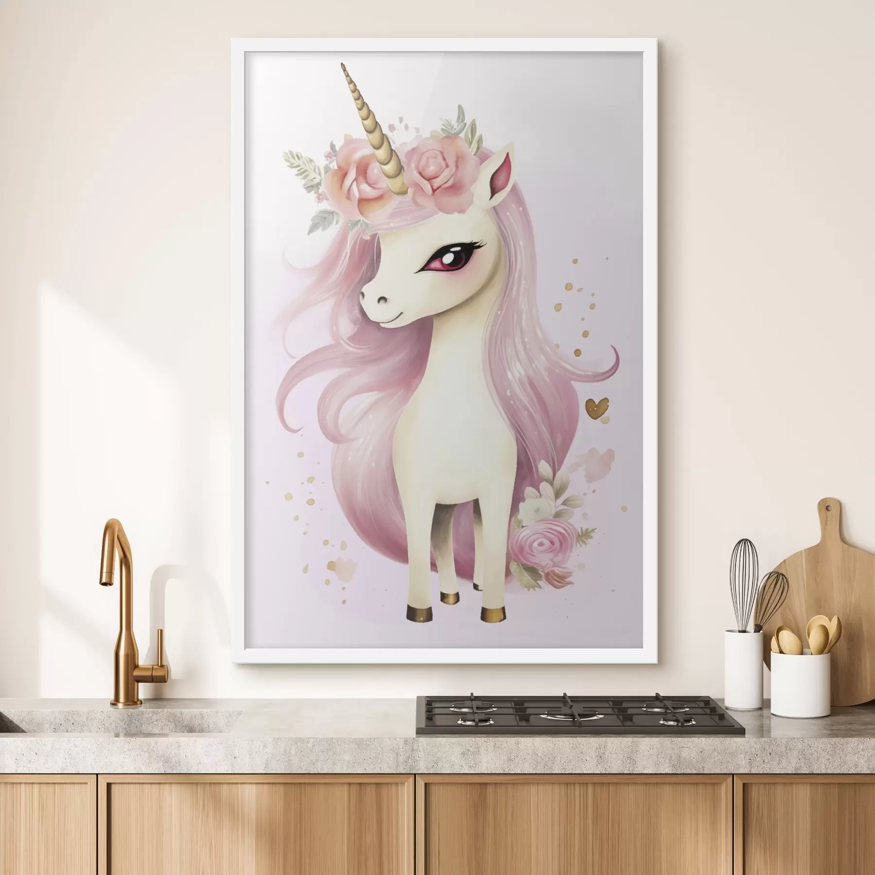 carta da parati Unicorno con criniera rosa e ghirlanda floreale nr. f45484