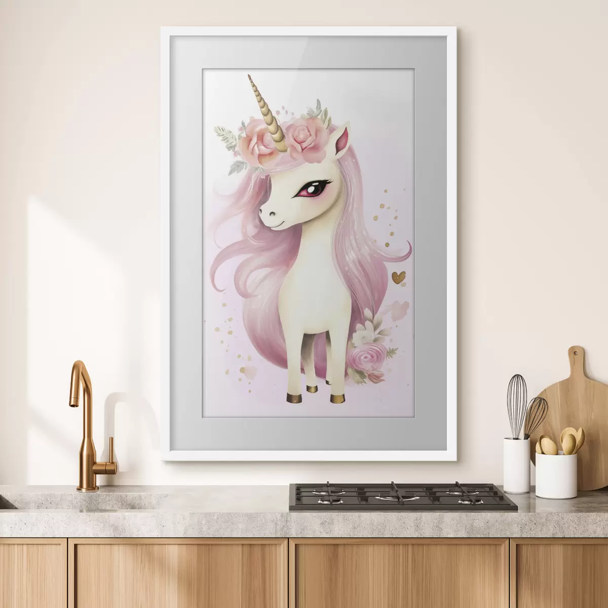 Poster Unicorno con criniera rosa e ghirlanda floreale f45484