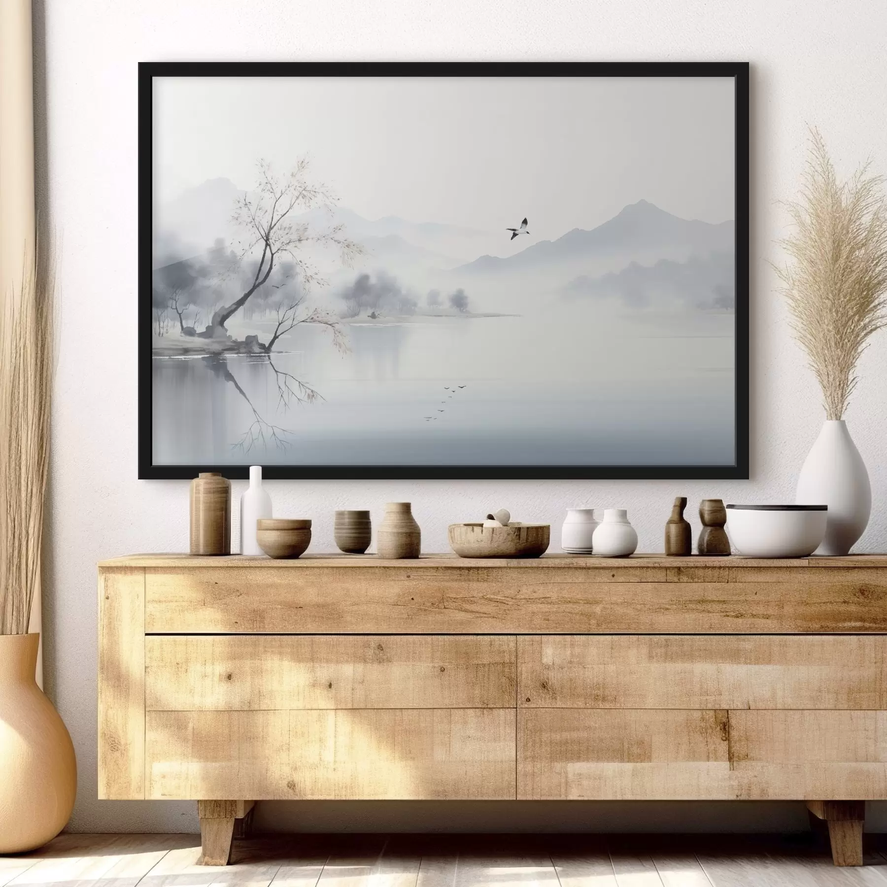 carta da parati Paesaggio nebbioso con albero, montagne e uccelli nr. f45518