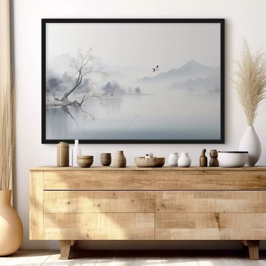 carta da parati Paesaggio nebbioso con albero, montagne e uccelli nr. f45518