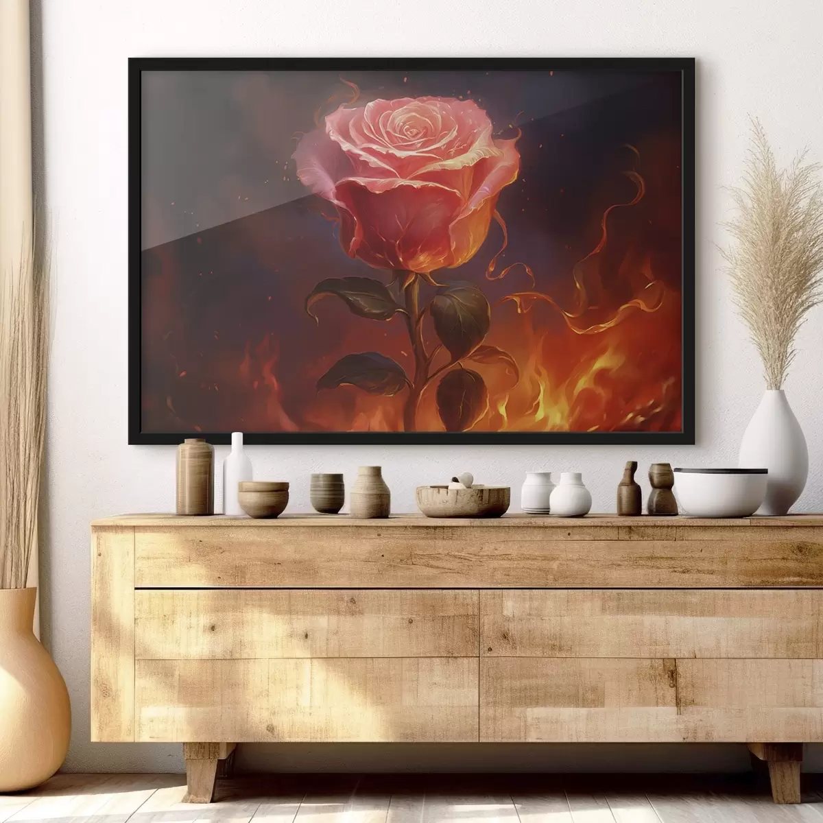 Poster Rosa rossa tra fuoco e scintille f45523