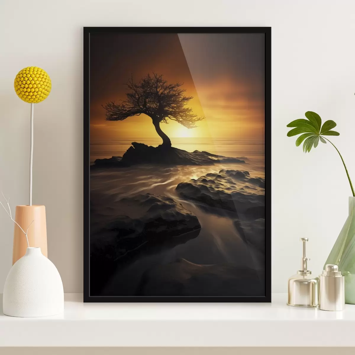 Poster Albero solitario su una scogliera al tramonto f45524