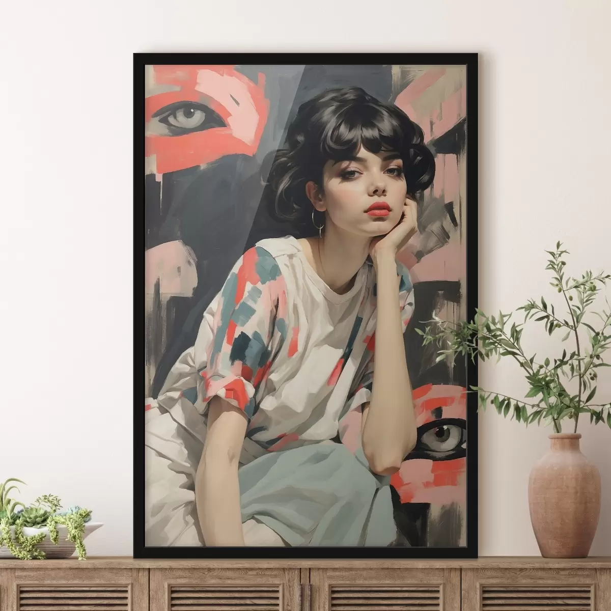 Poster Ritratto di una ragazza su uno sfondo con occhi e tratti astratti f45623