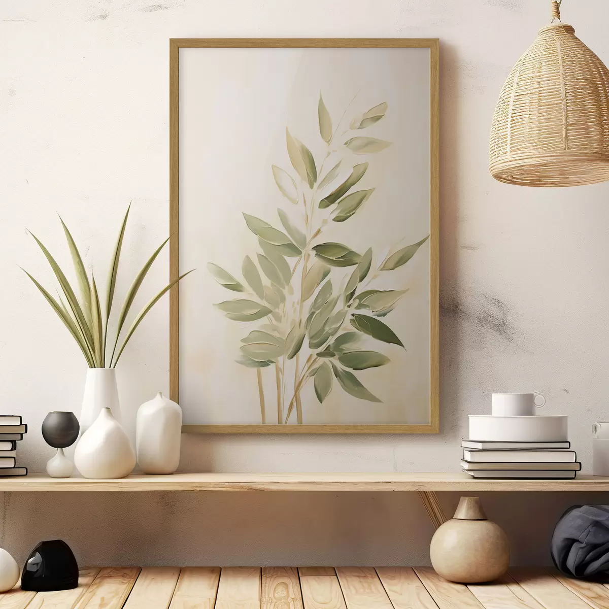 Poster Ramo con foglie verdi su sfondo beige chiaro f45689