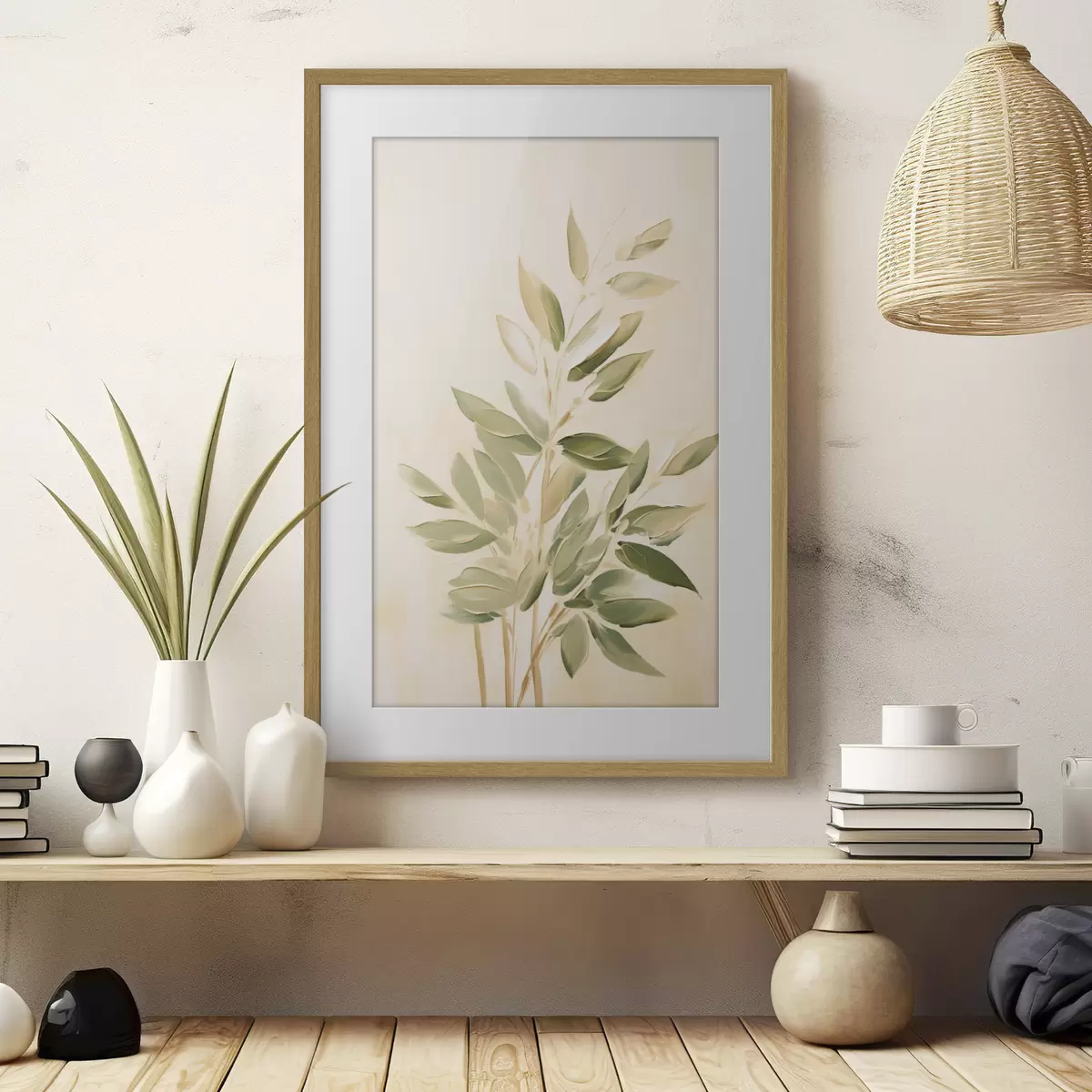 Poster Ramo con foglie verdi su sfondo beige chiaro f45689