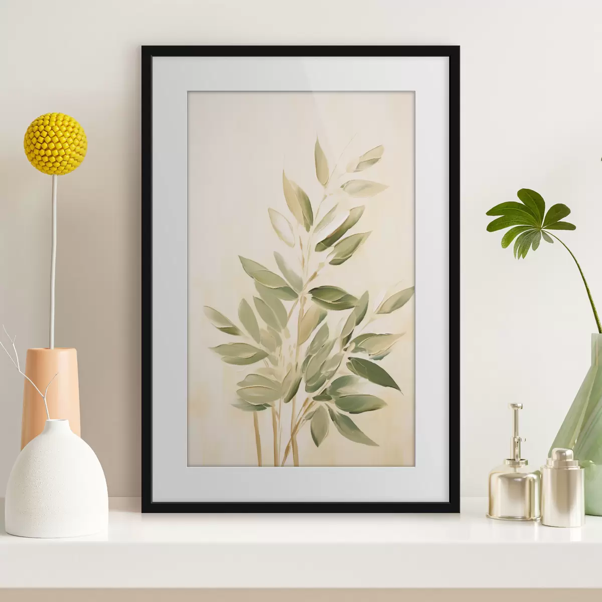 Poster Ramo con foglie verdi su sfondo beige chiaro f45689