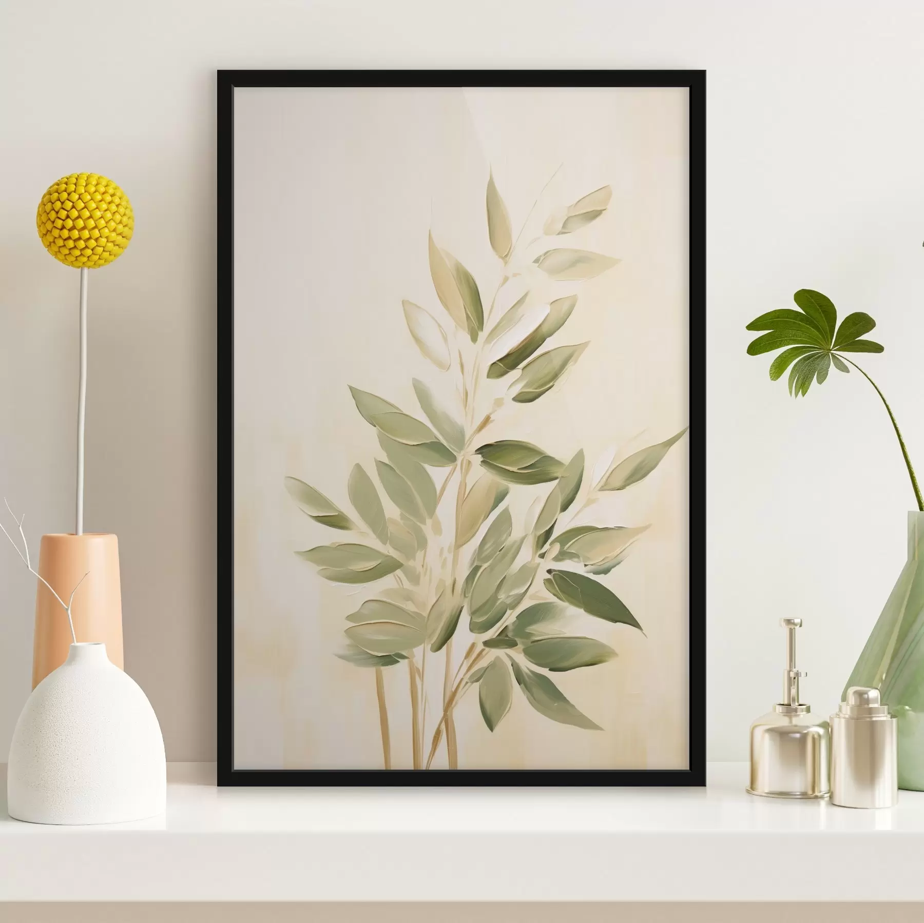 carta da parati Ramo con foglie verdi su sfondo beige chiaro nr. f45689