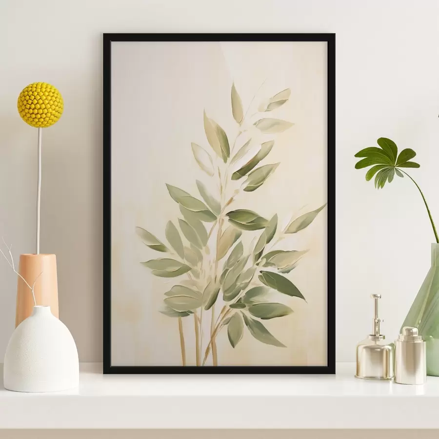 carta da parati Ramo con foglie verdi su sfondo beige chiaro nr. f45689