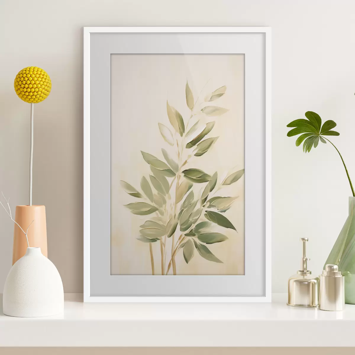 Poster Ramo con foglie verdi su sfondo beige chiaro f45689