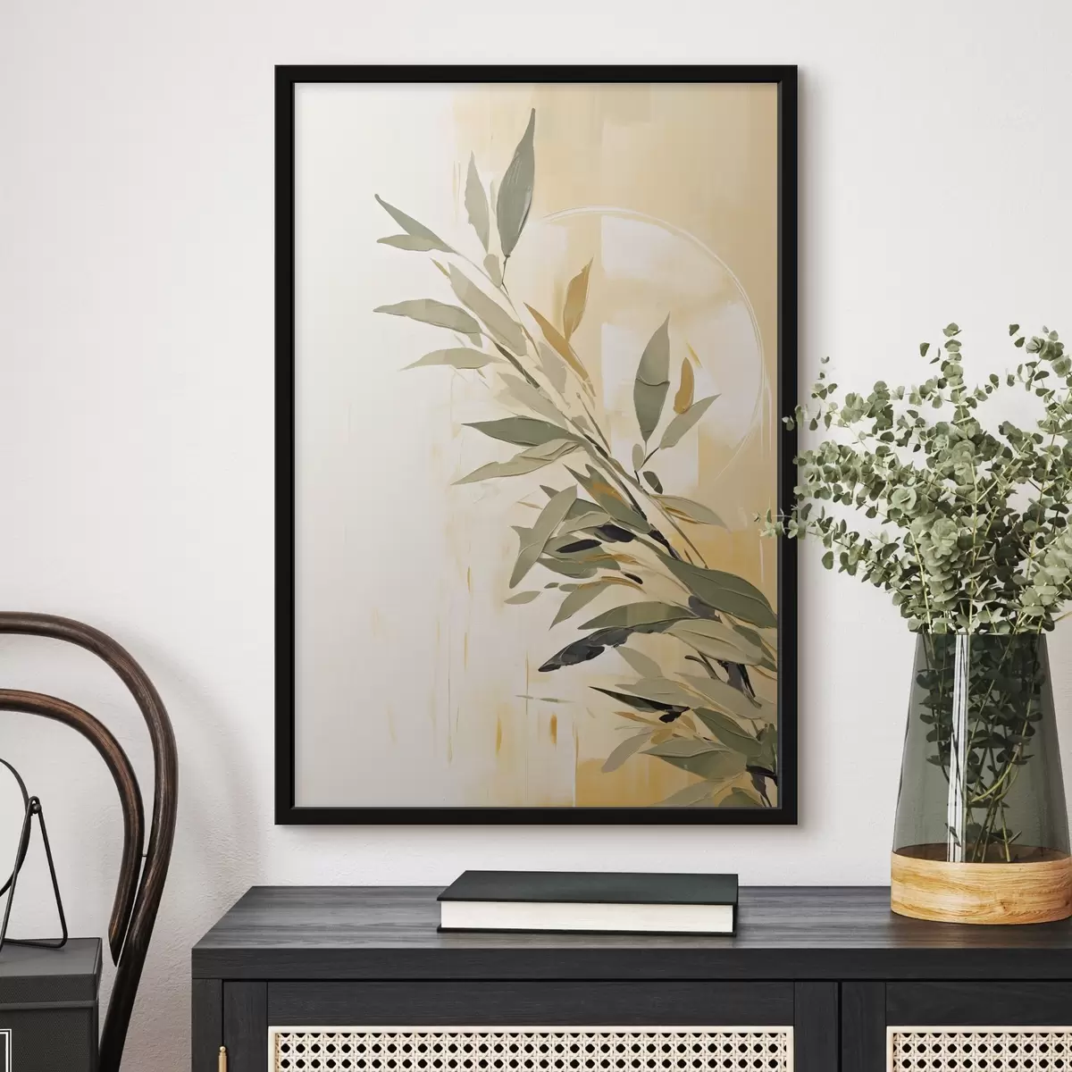 Poster Ramo botanico con foglie verdi su sfondo caldo f45690