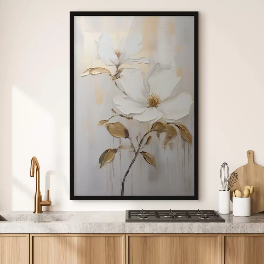 carta da parati Due fiori bianchi con foglie giallo-arancio su sfondo chiaro nr. f45691