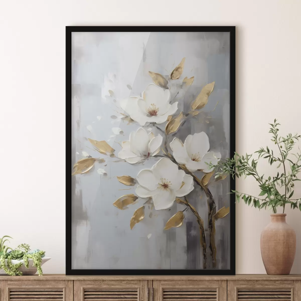 Poster Ramo con fiori bianchi e foglie giallo-arancio f45692