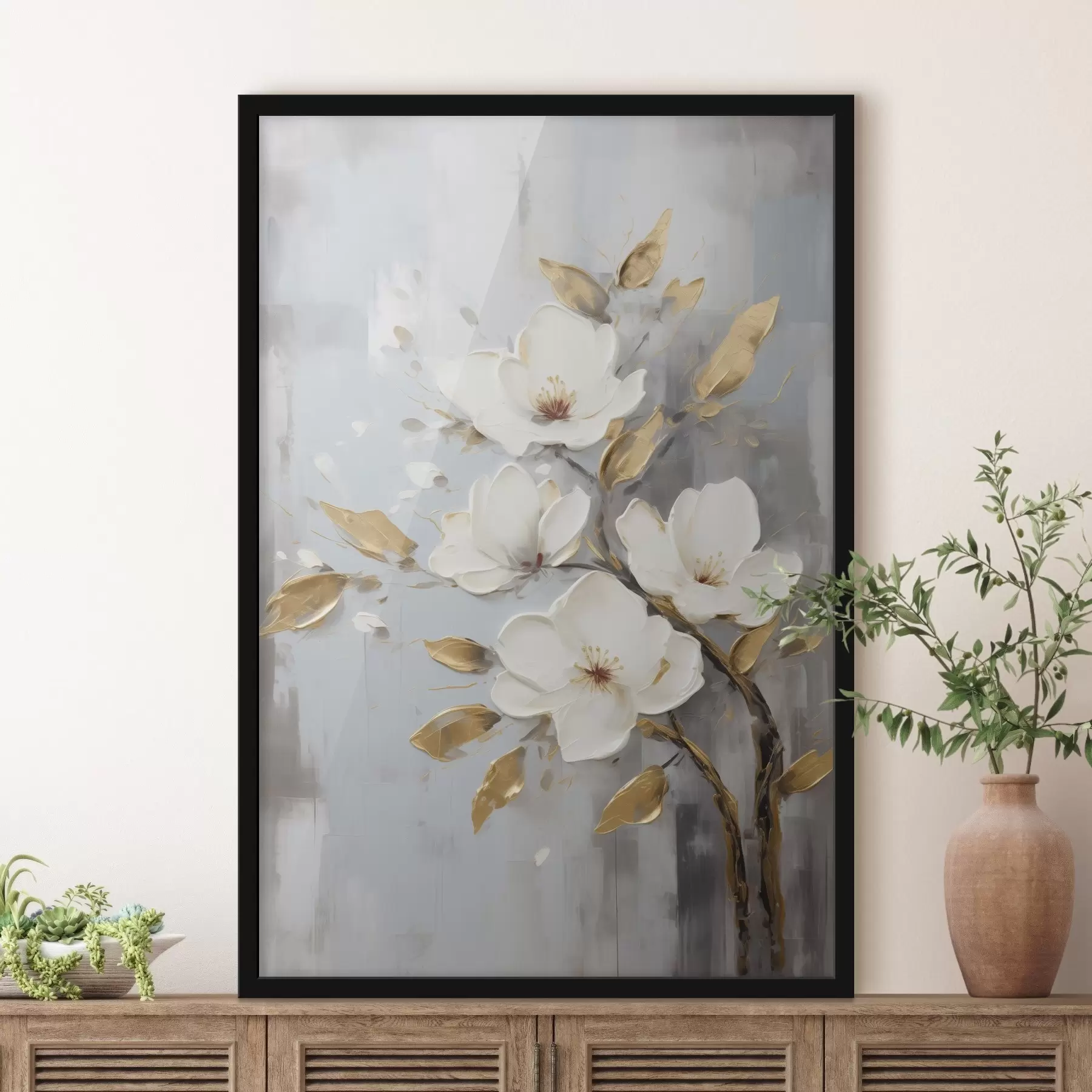 carta da parati Ramo con fiori bianchi e foglie giallo-arancio nr. f45692