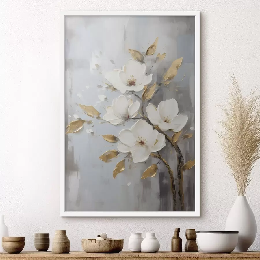 carta da parati Ramo con fiori bianchi e foglie giallo-arancio nr. f45692