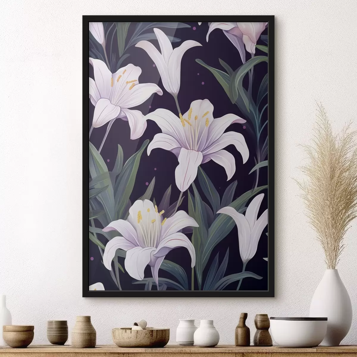Poster Delicati gigli su sfondo scuro con foglie verdi f45697