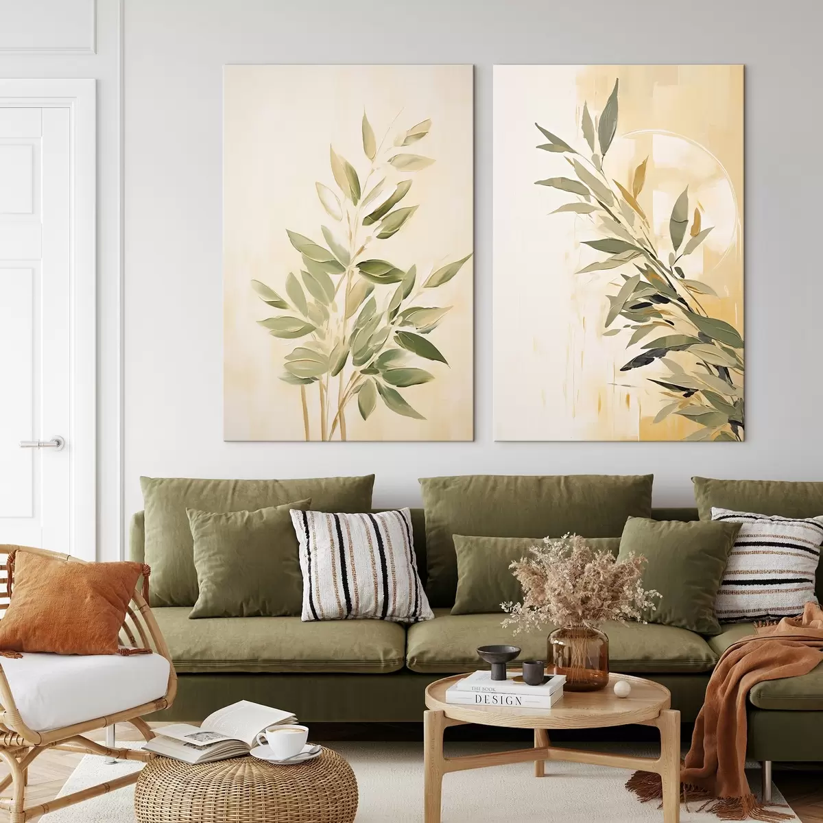 carta da parati Ramo botanico con foglie verdi su sfondo caldo nr. m00686