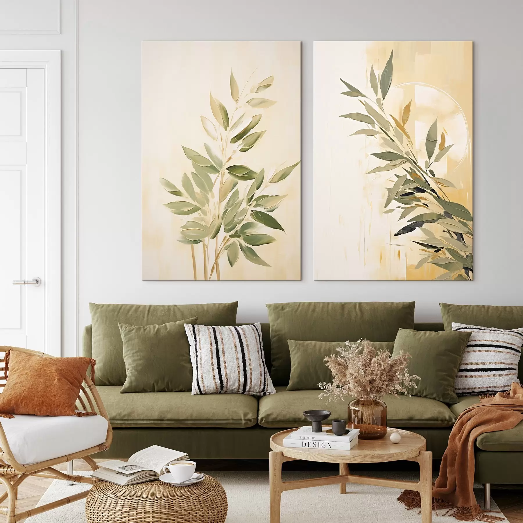 carta da parati Ramo botanico con foglie verdi su sfondo caldo nr. m00686