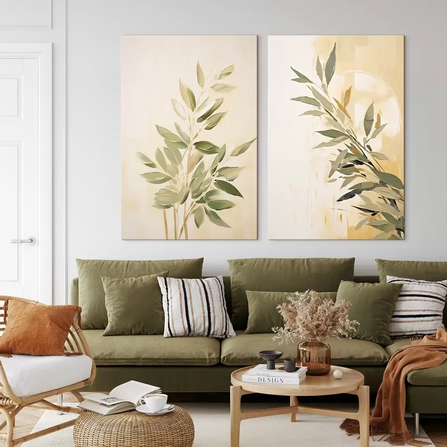 carta da parati Ramo botanico con foglie verdi su sfondo caldo nr. m00686