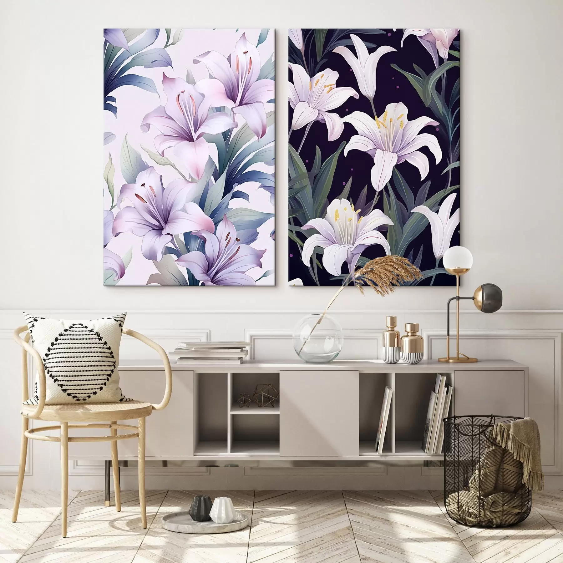 carta da parati Delicati gigli rosa con foglie verdi su sfondo chiaro e scuro nr. m00689