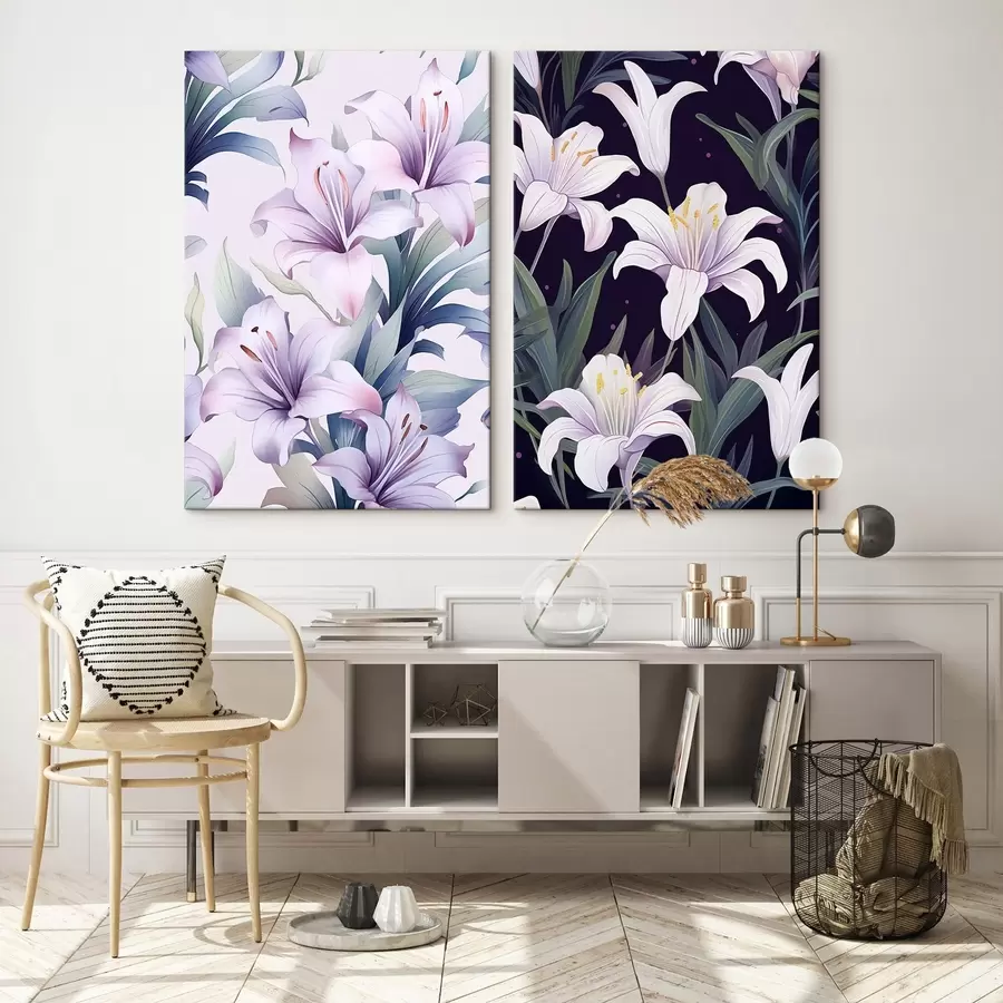 carta da parati Delicati gigli rosa con foglie verdi su sfondo chiaro e scuro nr. m00689