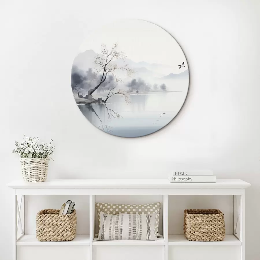 carta da parati Paesaggio nebbioso con albero, montagne e uccelli nr. r45518