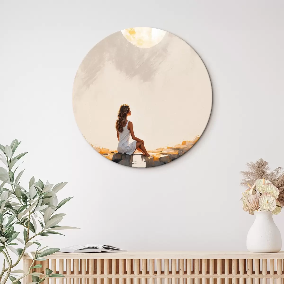 Quadri rotondi Ragazza in abito bianco seduta sotto una grande luna r45621