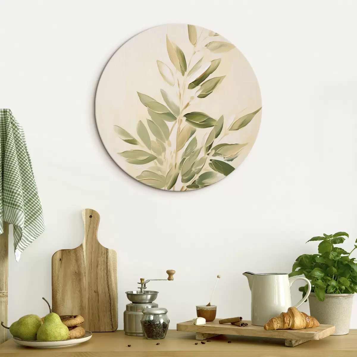 Quadri rotondi Ramo con foglie verdi su sfondo beige chiaro r45689