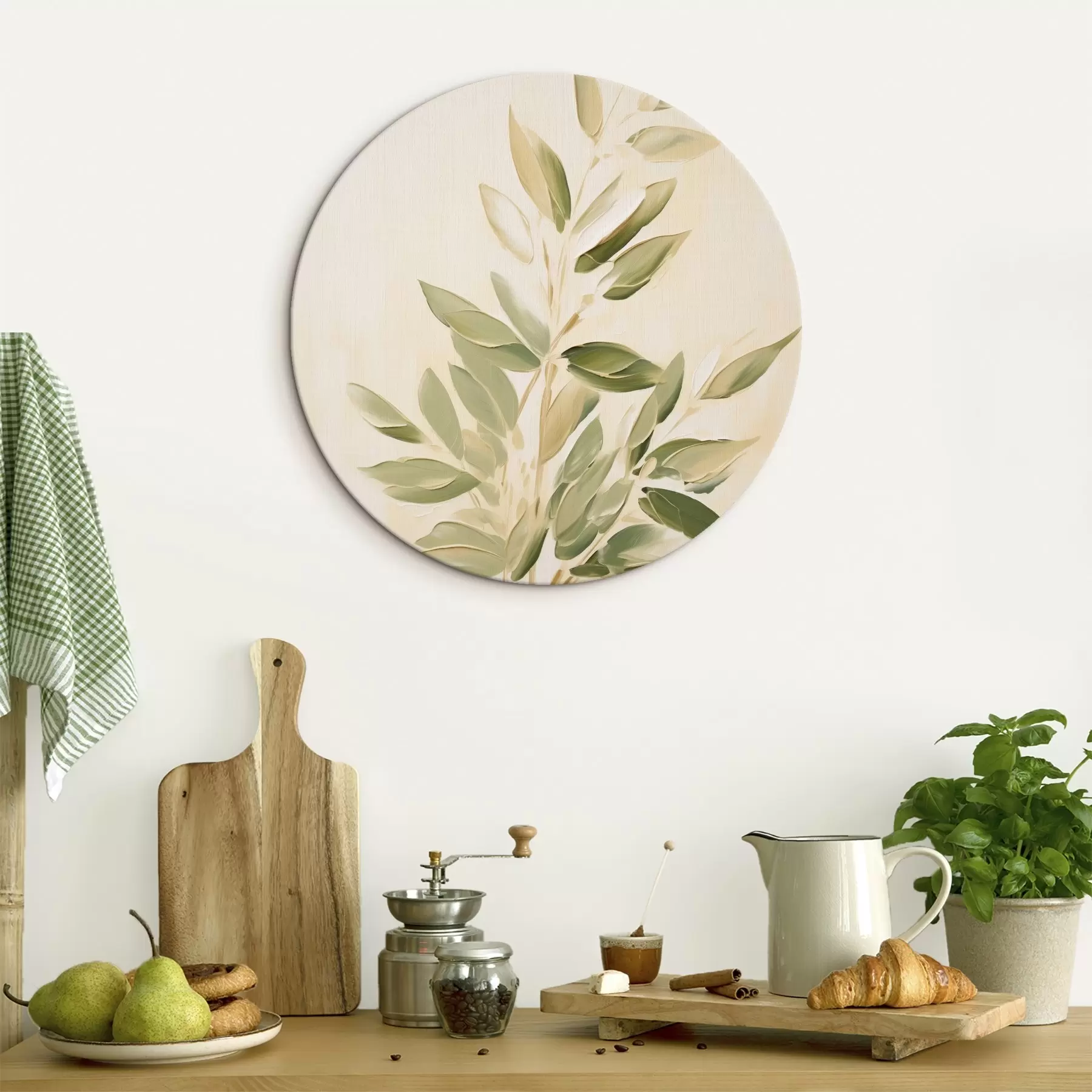 carta da parati Ramo con foglie verdi su sfondo beige chiaro nr. r45689