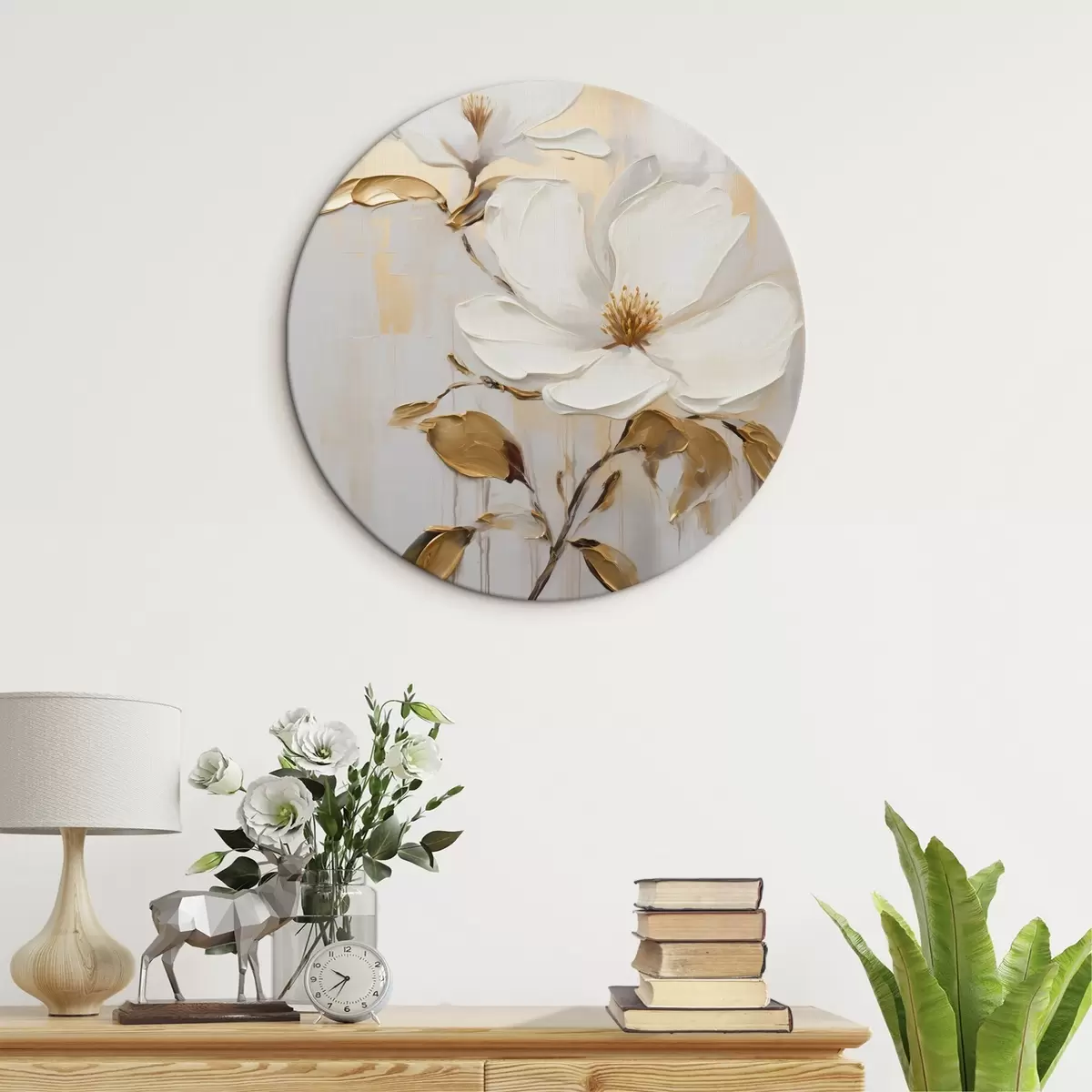 Quadri rotondi Due fiori bianchi con foglie giallo-arancio su sfondo chiaro r45691