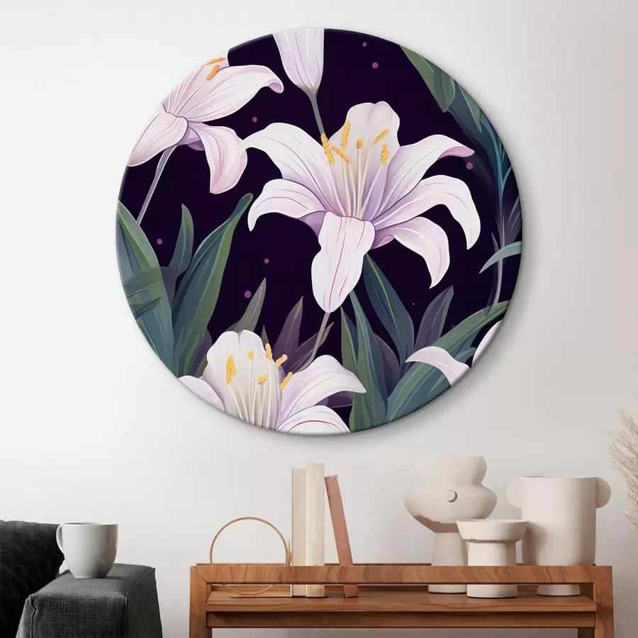 carta da parati Delicati gigli su sfondo scuro con foglie verdi nr. r45697