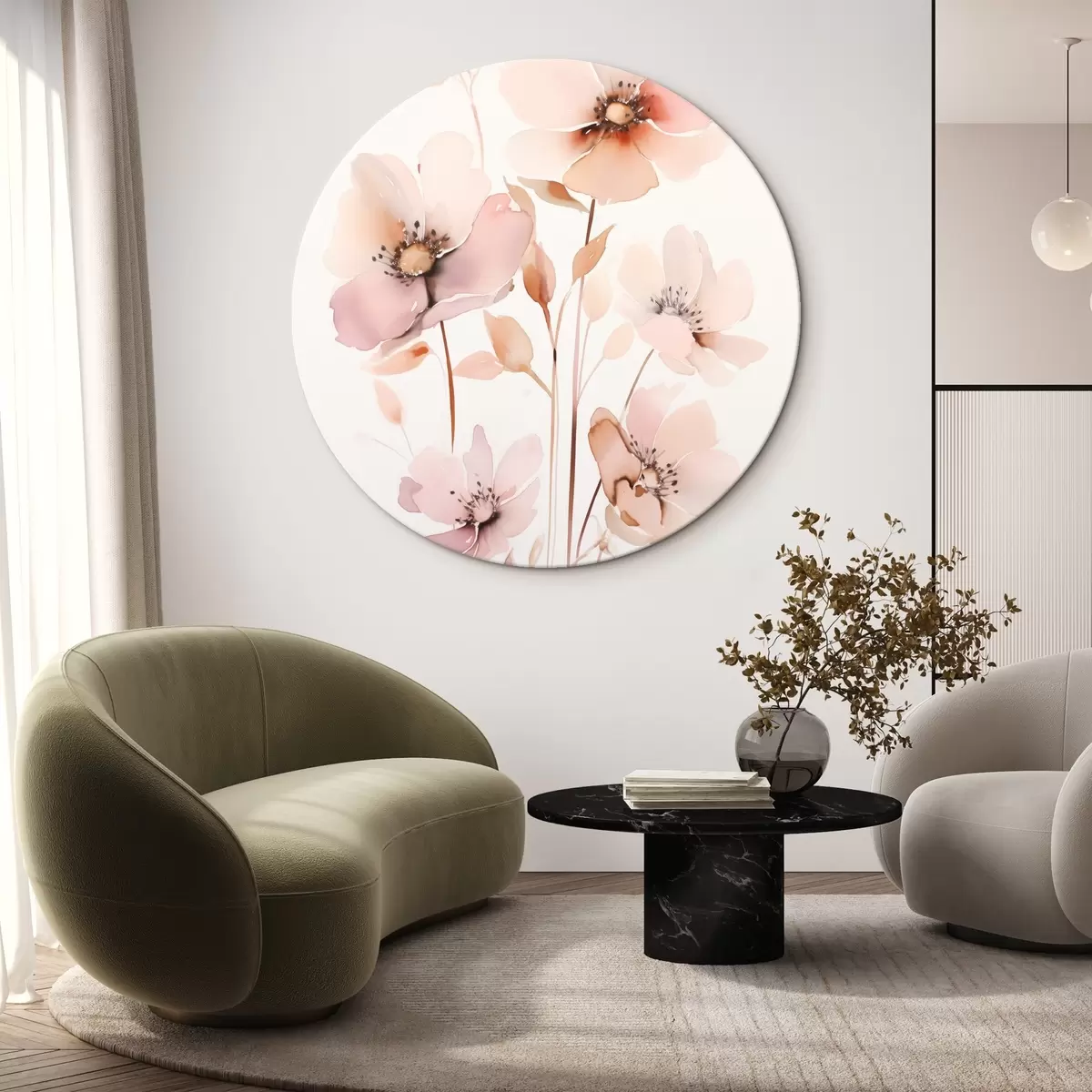 Quadri rotondi Fiori rosa acquerello su steli sottili r45701