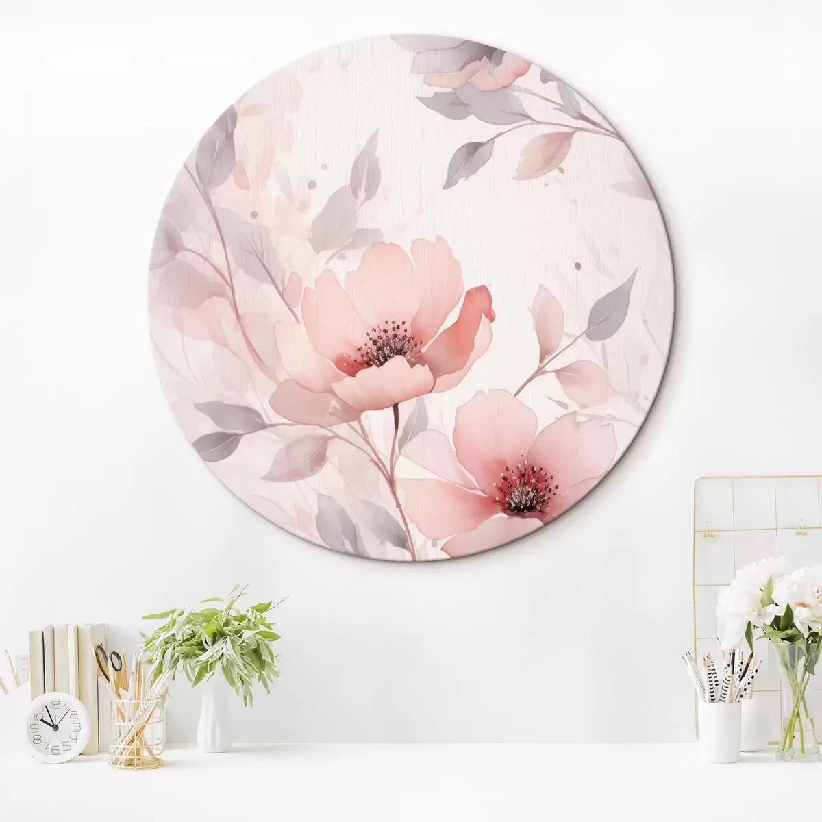 Quadri rotondi Delicati fiori rosa-grigio con effetto acquerello r45702