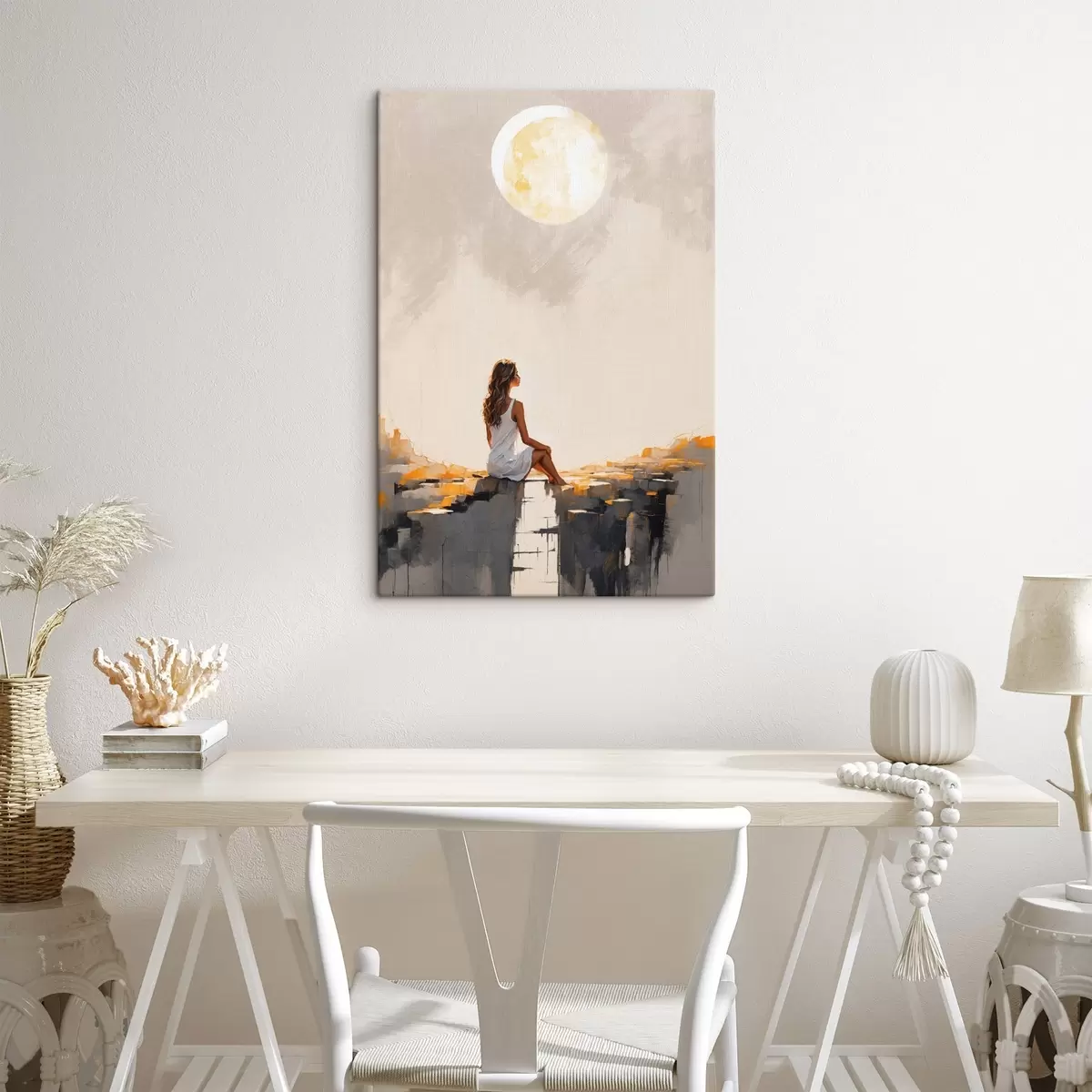 carta da parati Ragazza in abito bianco seduta sotto una grande luna nr. s45621