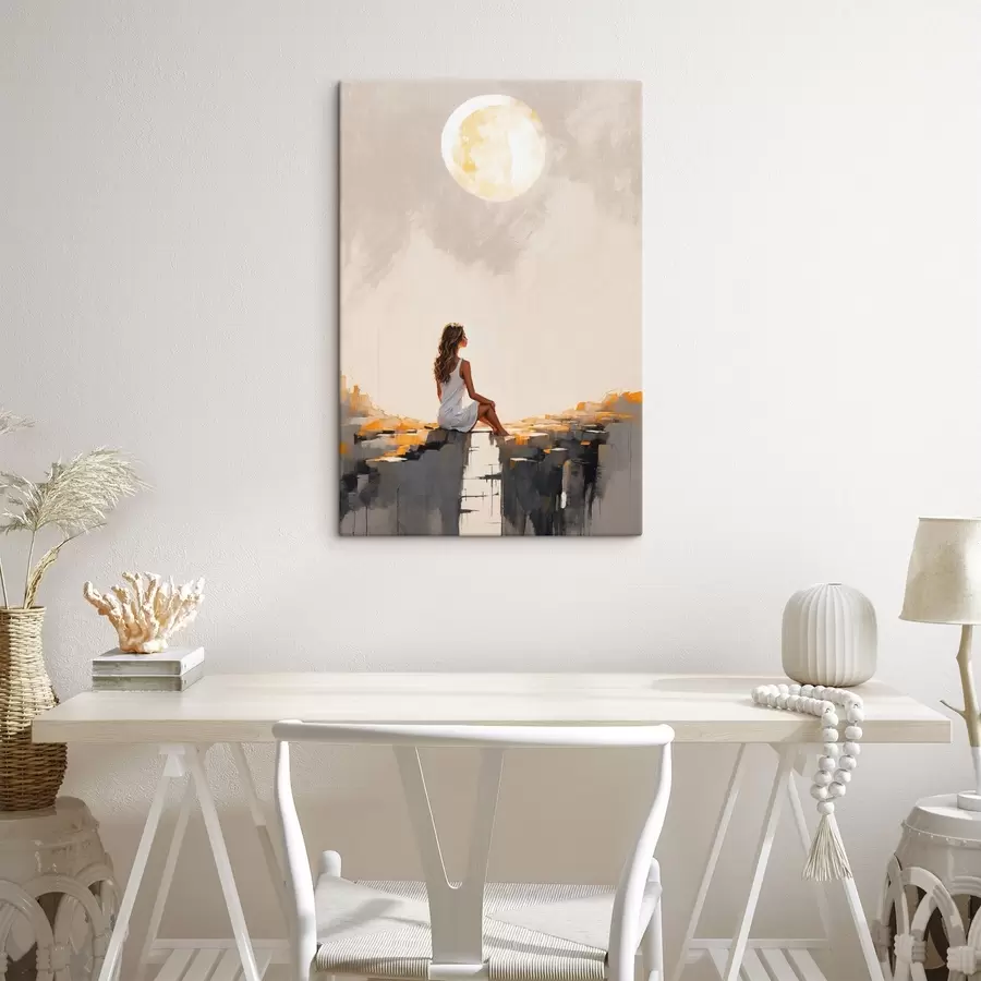 carta da parati Ragazza in abito bianco seduta sotto una grande luna nr. s45621