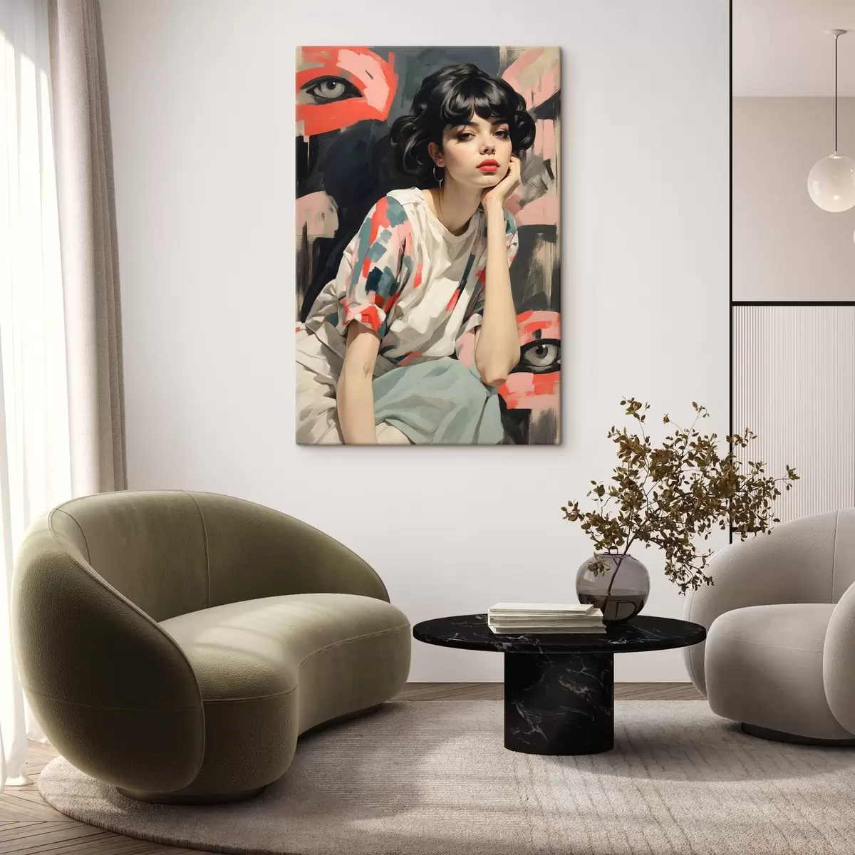 carta da parati Ritratto di una ragazza su uno sfondo con occhi e tratti astratti nr. s45623