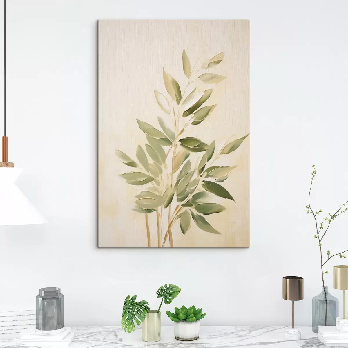 carta da parati Ramo con foglie verdi su sfondo beige chiaro nr. s45689