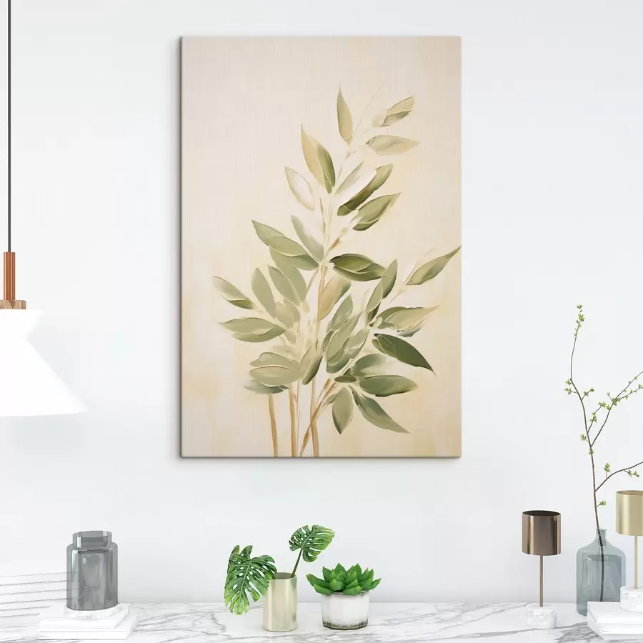 carta da parati Ramo con foglie verdi su sfondo beige chiaro nr. s45689