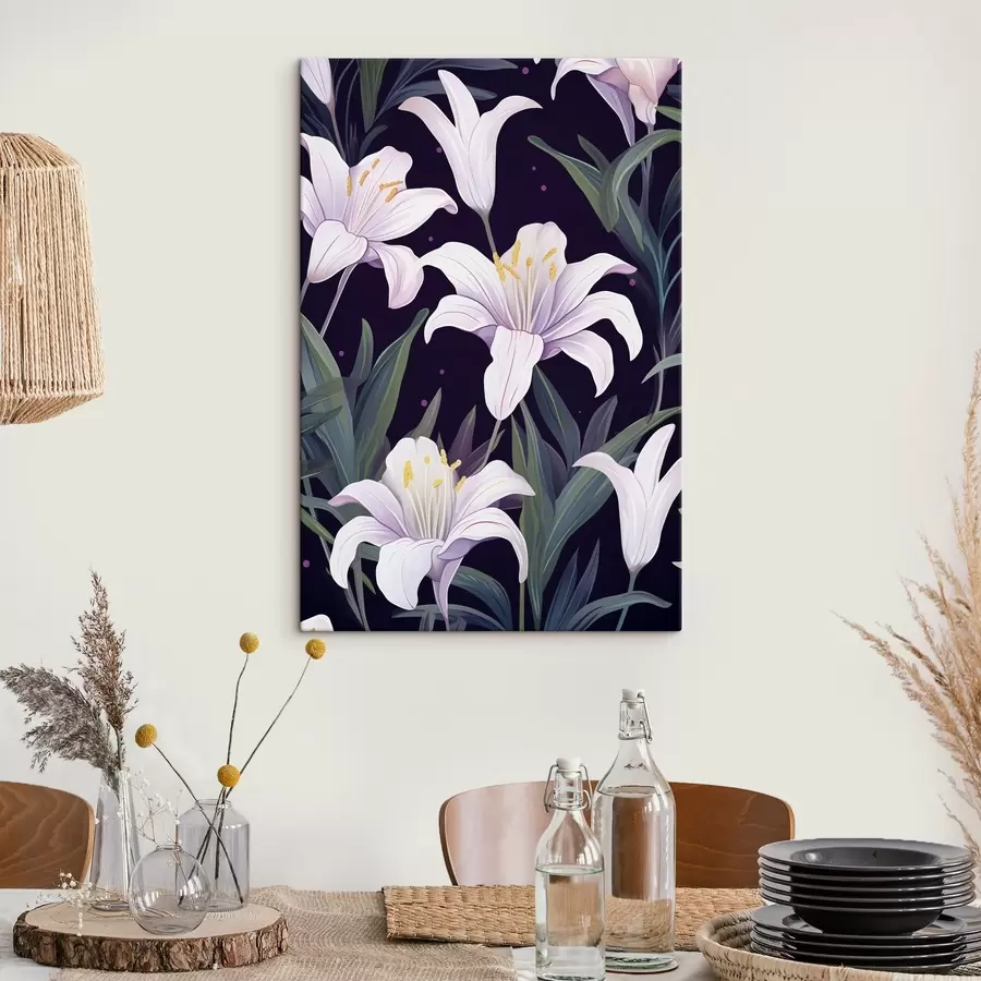 carta da parati Delicati gigli su sfondo scuro con foglie verdi nr. s45697